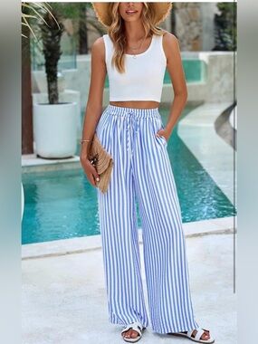#68 Pretty Garden Striped Blue & White Wide-Leg Beach Pants